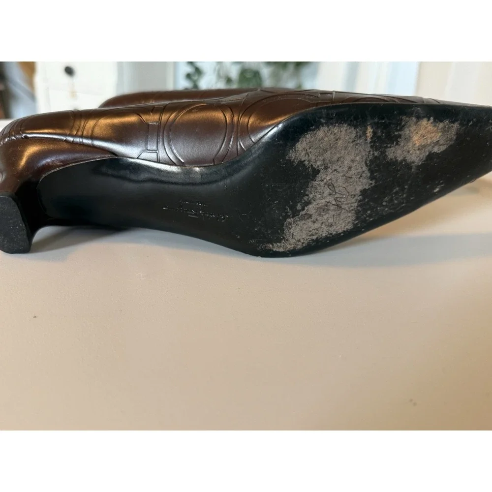 Salvatore Ferragamo Dark Brown Embossed Leather Pointed Toe Pumps
